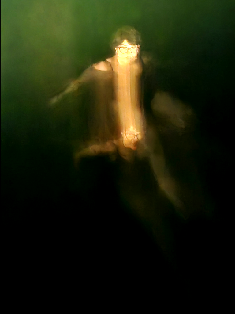 Swimmer's silhouette against dark water at night, long-exposure ICM blur rendered like an oil painting