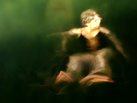 Feminine figure swimming in dark green, paint-like water